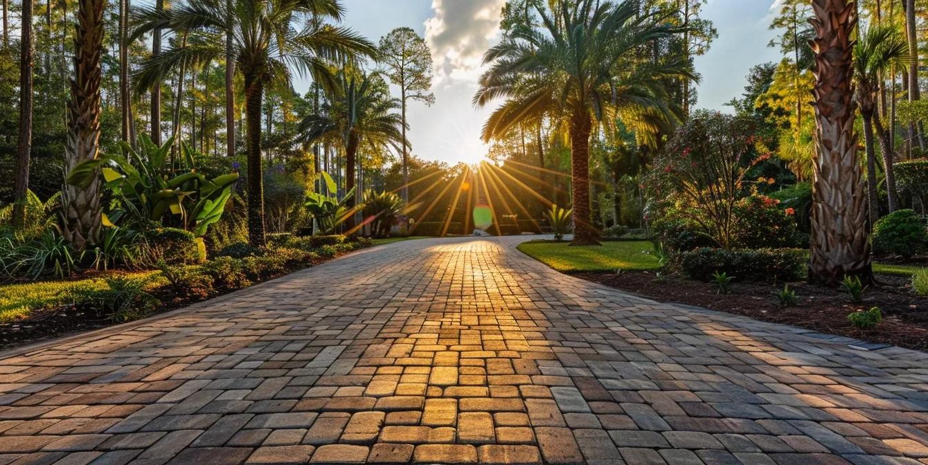 a breathtaking view of a pristine driveway adorned with vibrant, expertly sealed pavers, surrounded by lush greenery typical of northern central florida, capturing the essence of quality home aesthetics.