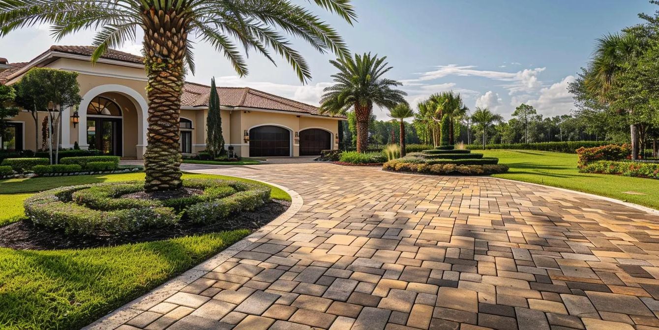 a stunning view of pristine, gleaming paver driveways and sidewalks basking in the warm sunlight of northern central florida, showcasing the vibrant colors and textures enhanced by professional sealing.