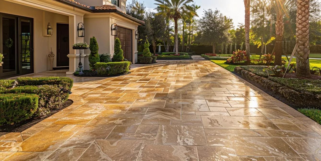 a sunlit northern central florida driveway showcases pristine, sealed travertine pavers glistening with a rich, golden hue, inviting a sense of elegance and sophistication in outdoor living.