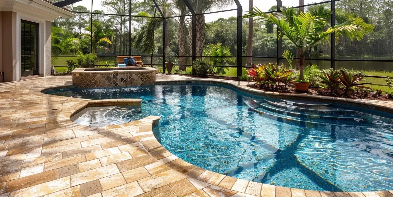 a sunlit pool patio in northern central florida showcases pristine, sealed pavers reflecting vibrant hues, surrounded by lush greenery, emphasizing the importance of maintenance and beauty.