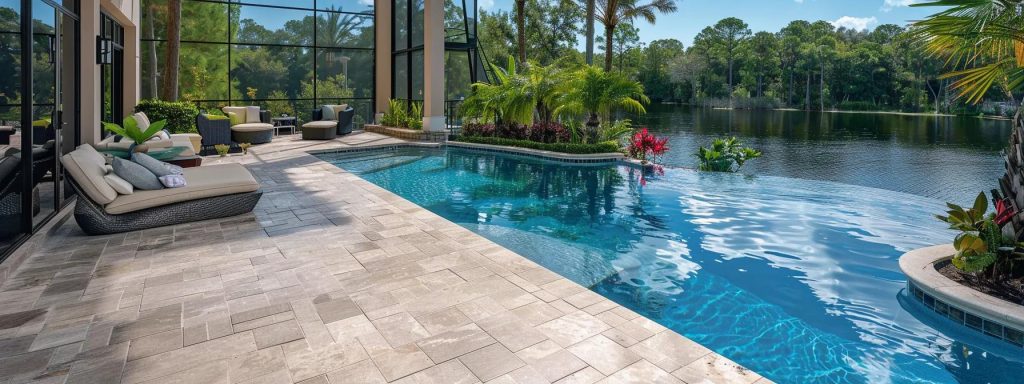 a vibrant pool patio glistens under the warm northern central florida sun, showcasing pristine, sealed pavers that reflect the surrounding lush greenery and tranquil blue water, symbolizing expert care and maintenance.