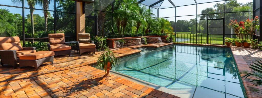 a vibrant, sun-drenched pool patio in northern central florida showcases impeccably maintained pavers, their rich colors highlighted by the glistening water, set against a backdrop of lush greenery and clear blue skies.