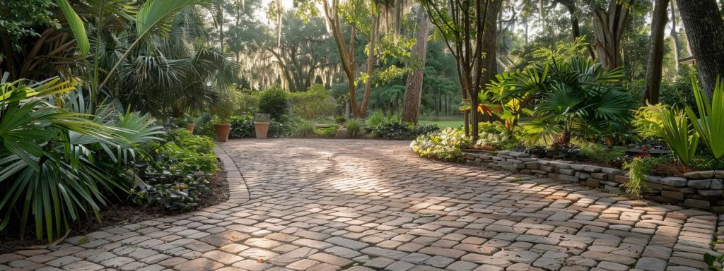 a vibrant, sunlit patio in northern central florida showcases impeccably sealed, clean paver stones, surrounded by lush greenery, emphasizing the transformative impact of professional sealing services in enhancing outdoor aesthetics.