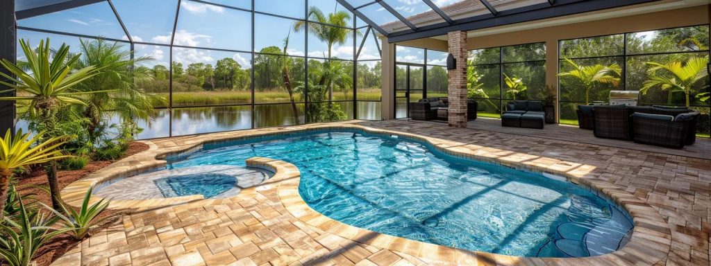 a vibrant, sunlit pool patio in central florida showcases impeccably clean and well-maintained pavers, reflecting the importance of professional sealing in preserving their aesthetic beauty against harsh environmental elements.