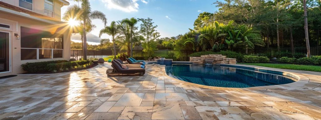 a pristine pool patio in northern central florida is showcased, featuring immaculate pavers glistening under the sunlight, with vibrant greenery surrounding the area, emphasizing the beauty and maintenance of outdoor spaces.