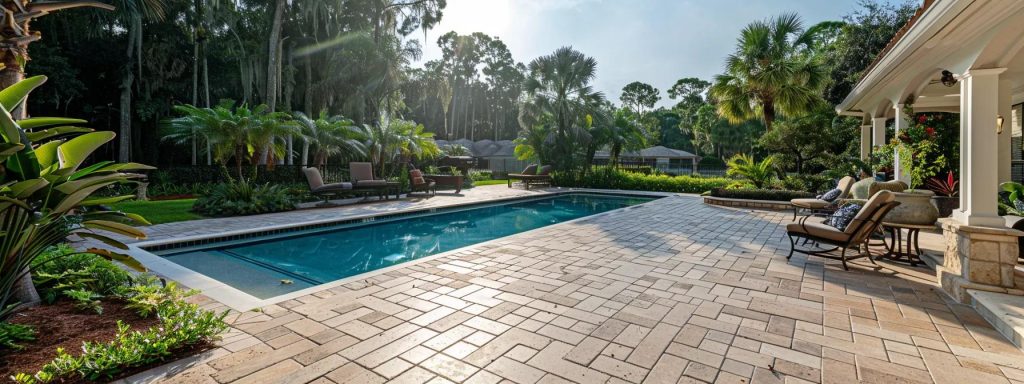 a sunlit pool patio in central florida showcases impeccably clean and vibrant pavers, glistening after a recent sealing, surrounded by lush greenery that highlights the serene outdoor space.