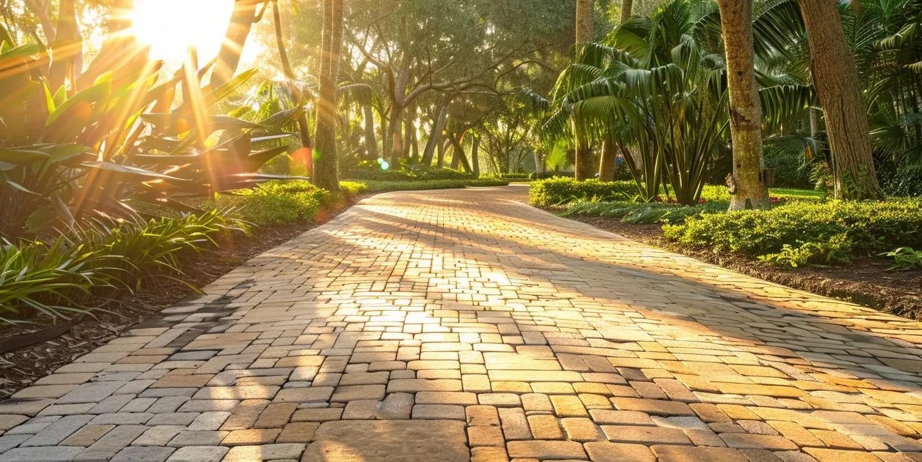 a vibrant and sunlit driveway in port orange showcases impeccably sealed pavers, highlighting the contrast between diy and professional results with lush greenery framing the immaculate scene.